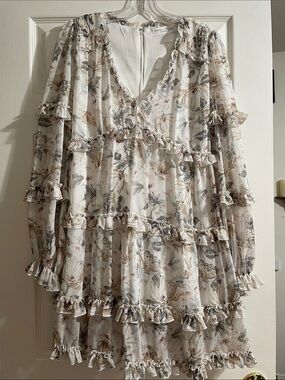 Ivory Floral Ruffle Tiered Long-Sleeve Mini Dress